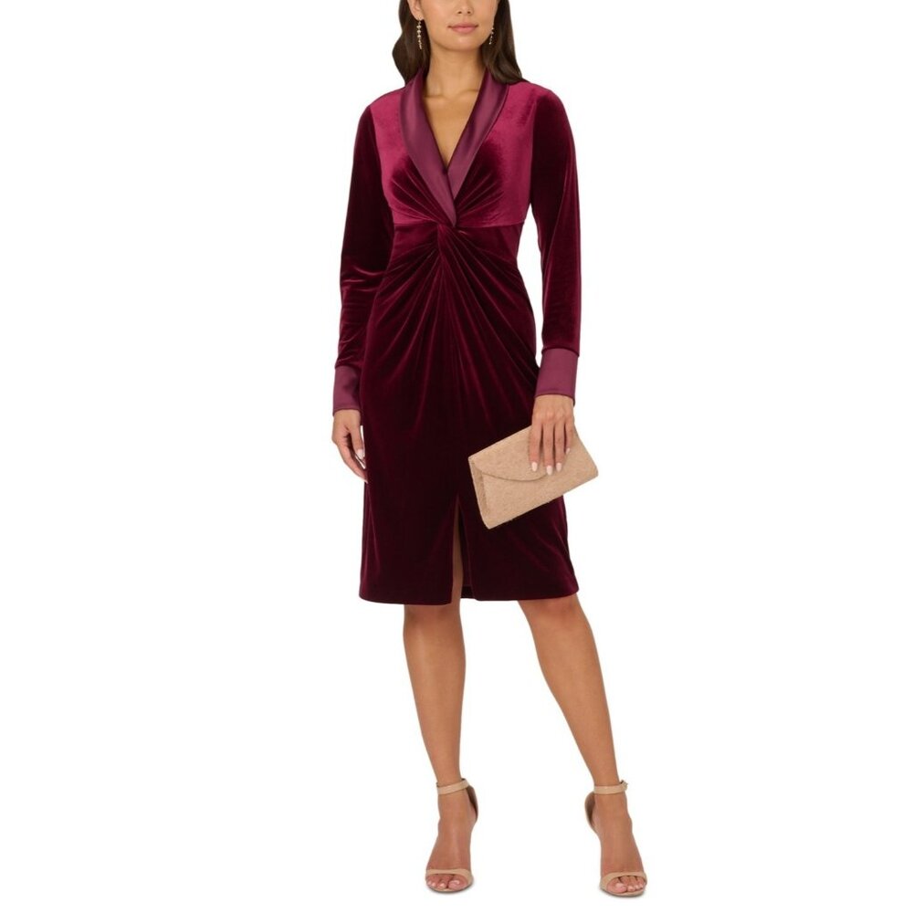 Adrianna Papell Velvet Twist-Front Tuxedo Dress Red burgundy Size 4 MSRP $179